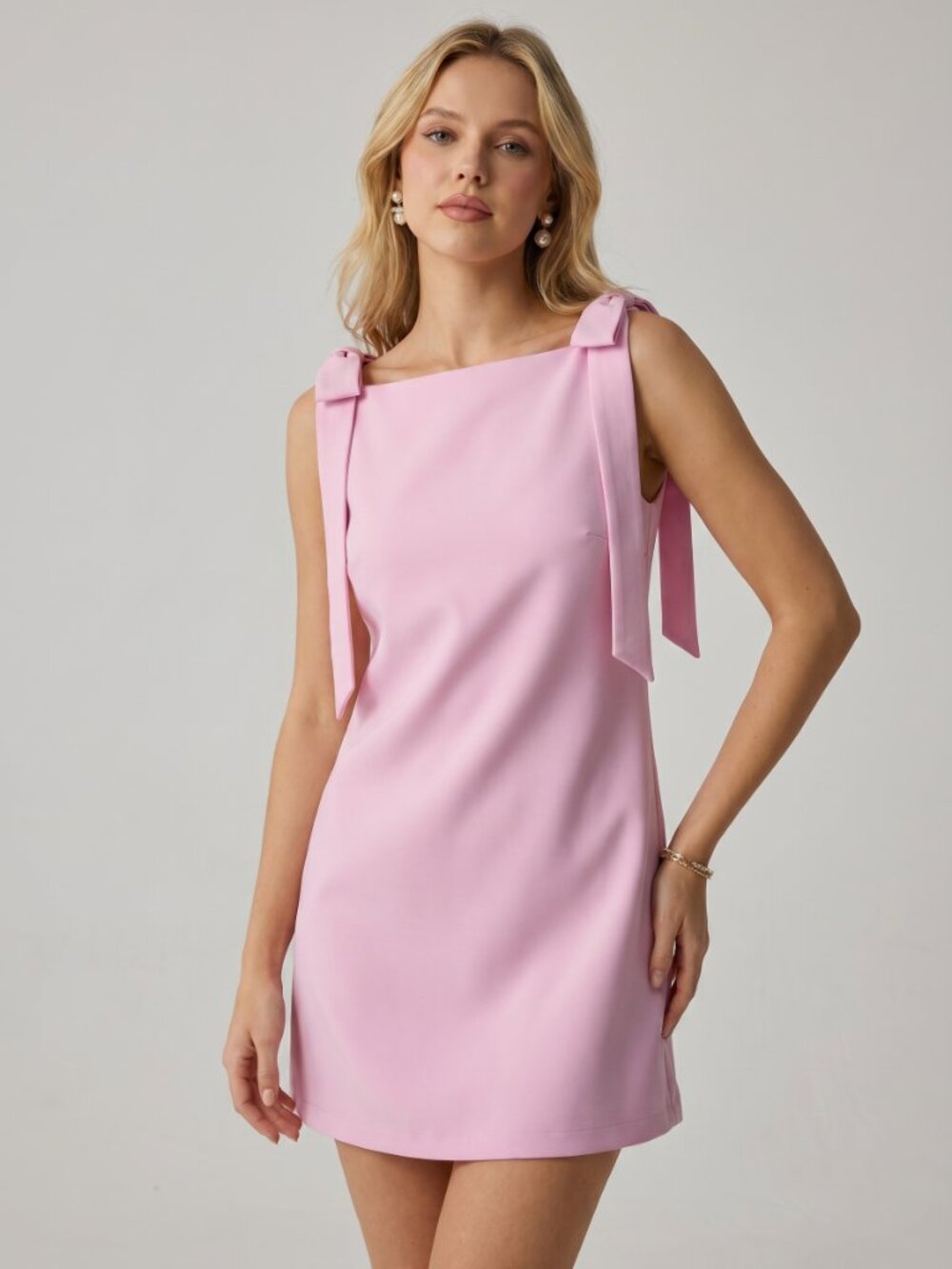 Women's Pink Mini Dress Bow Shoulder Detail Sleeveless Shift Cocktail Party - Picture 5 of 6